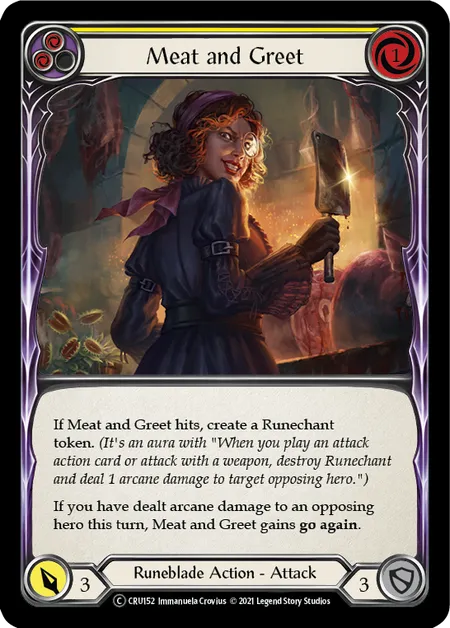 (CRU152) Flesh & Blood TCG Crucible of War - Unlimited Single: Meat and Greet (Yellow) (Rainbow Foil)  Common