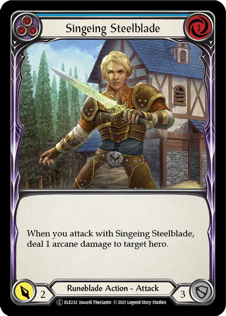 (ELE232) Flesh & Blood TCG Tales of Aria - Unlimited Single: Singeing Steelblade (Blue) (Rainbow Foil)  Common
