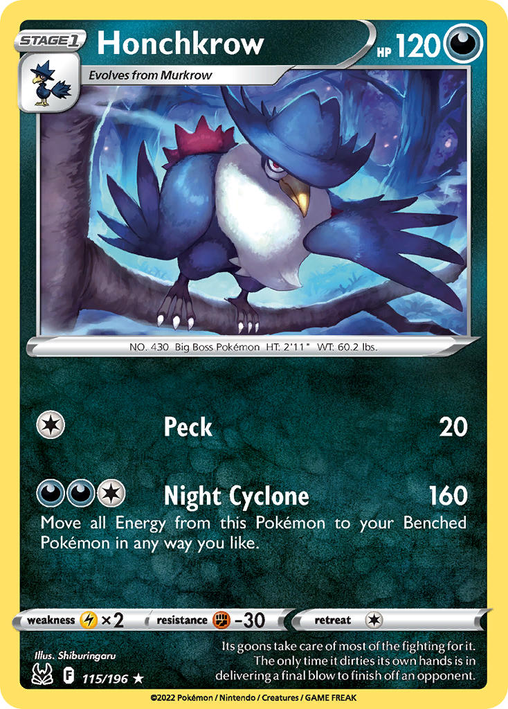 (115/196) Pokemon TCG Lost Origin Single: Honchkrow Reverse Holo Rare