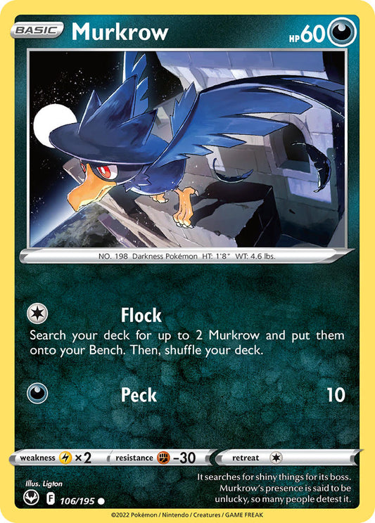 (106/195) Pokemon TCG Silver Tempest Single: Murkrow Reverse Holo Common
