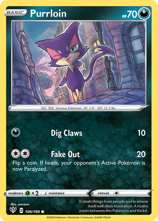 (106/189) Pokemon TCG Darkness Ablaze Single: Purrloin Reverse Holo Common
