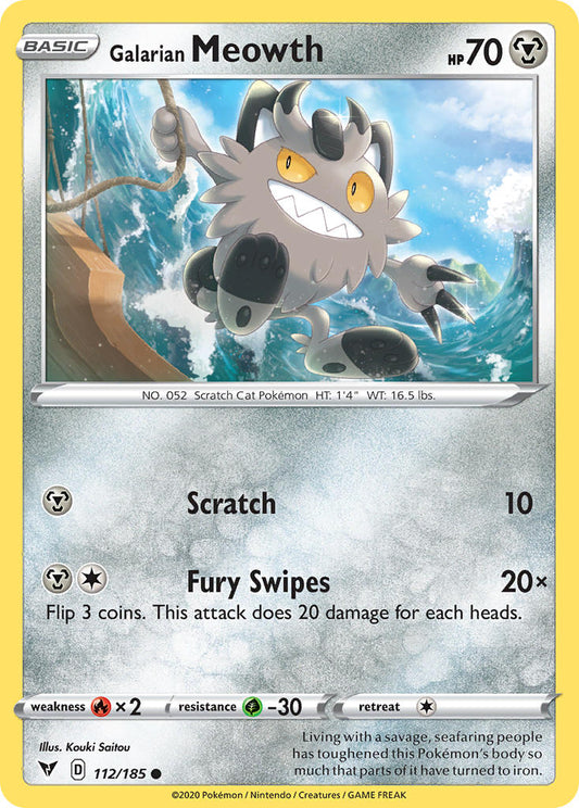 (112/185) Pokemon TCG Vivid Voltage Single: Galarian Meowth Reverse Holo Common