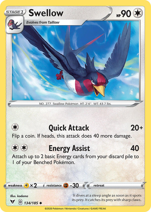 (134/185) Pokemon TCG Vivid Voltage Single: Swellow Reverse Holo Uncommon