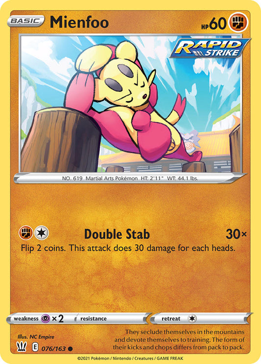 (076/163) Pokemon TCG Battle Styles Single: Mienfoo Reverse Holo Common