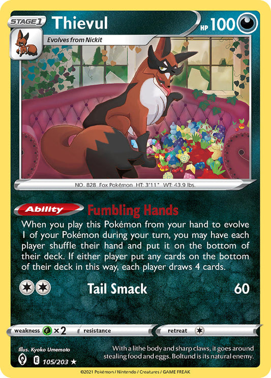 (105/203) Pokemon TCG Evolving Skies Single: Thievul Reverse Holo Rare