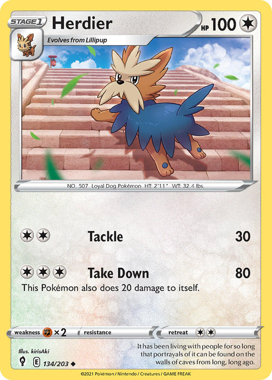 (134/203) Pokemon TCG Evolving Skies Single: Herdier Reverse Holo Uncommon