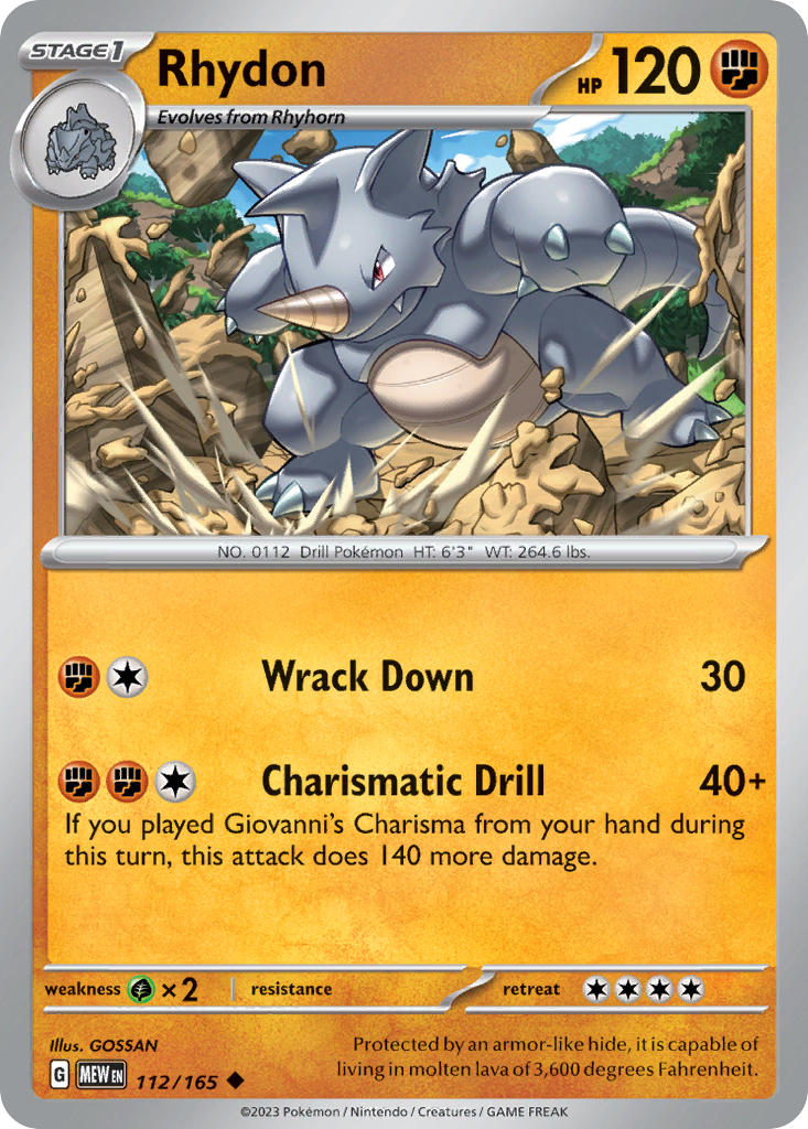(112/165) Pokemon TCG 151 Single: Rhydon  Reverse Holo Uncommon