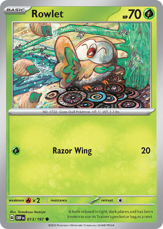 (013/197) Pokemon TCG Obsidian Flames Single: Rowlet  Reverse Holo Common