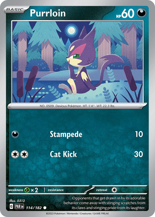 (114/182) Pokemon TCG Paradox Rift Single: Purrloin  Reverse Holo Common